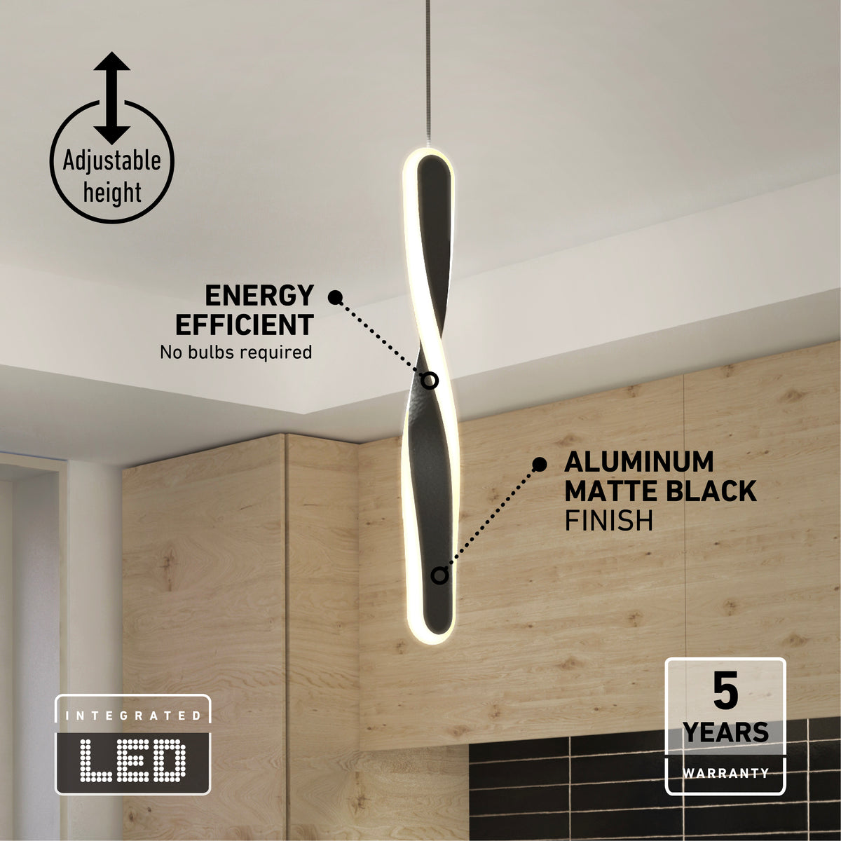The Finley modern LED pendant light by Artika, in matte black aluminum, features a twisting design, adjustable height, 5 CCT settings, energy efficiency (no bulbs needed), a soft glow, and comes with a 5-year warranty—perfect for kitchens.