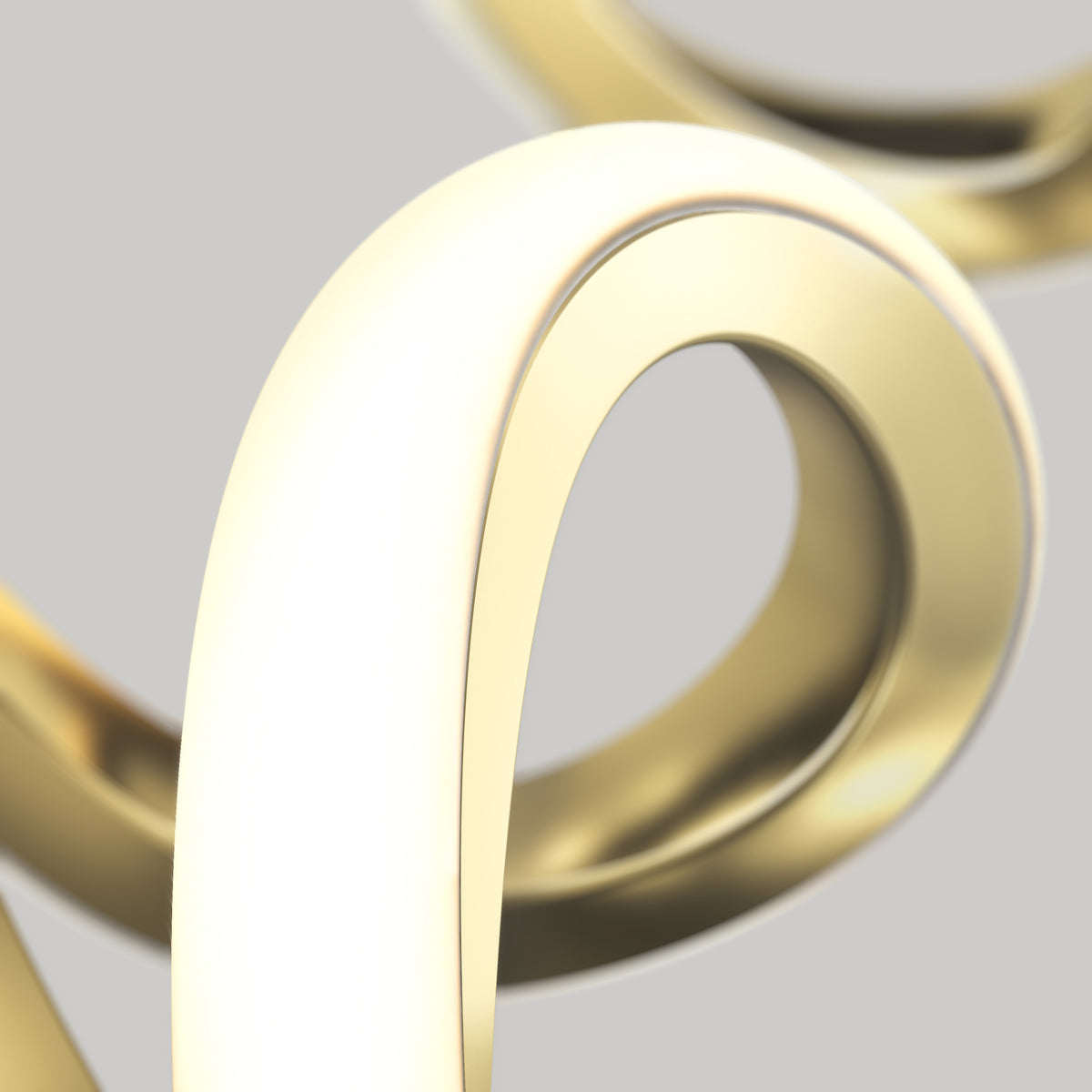 A close-up of the Artika Mini Swirl LED pendant light shows its smooth, metallic gold loop and shiny surface against a light gray background, highlighting its abstract, modern, and elegant design.