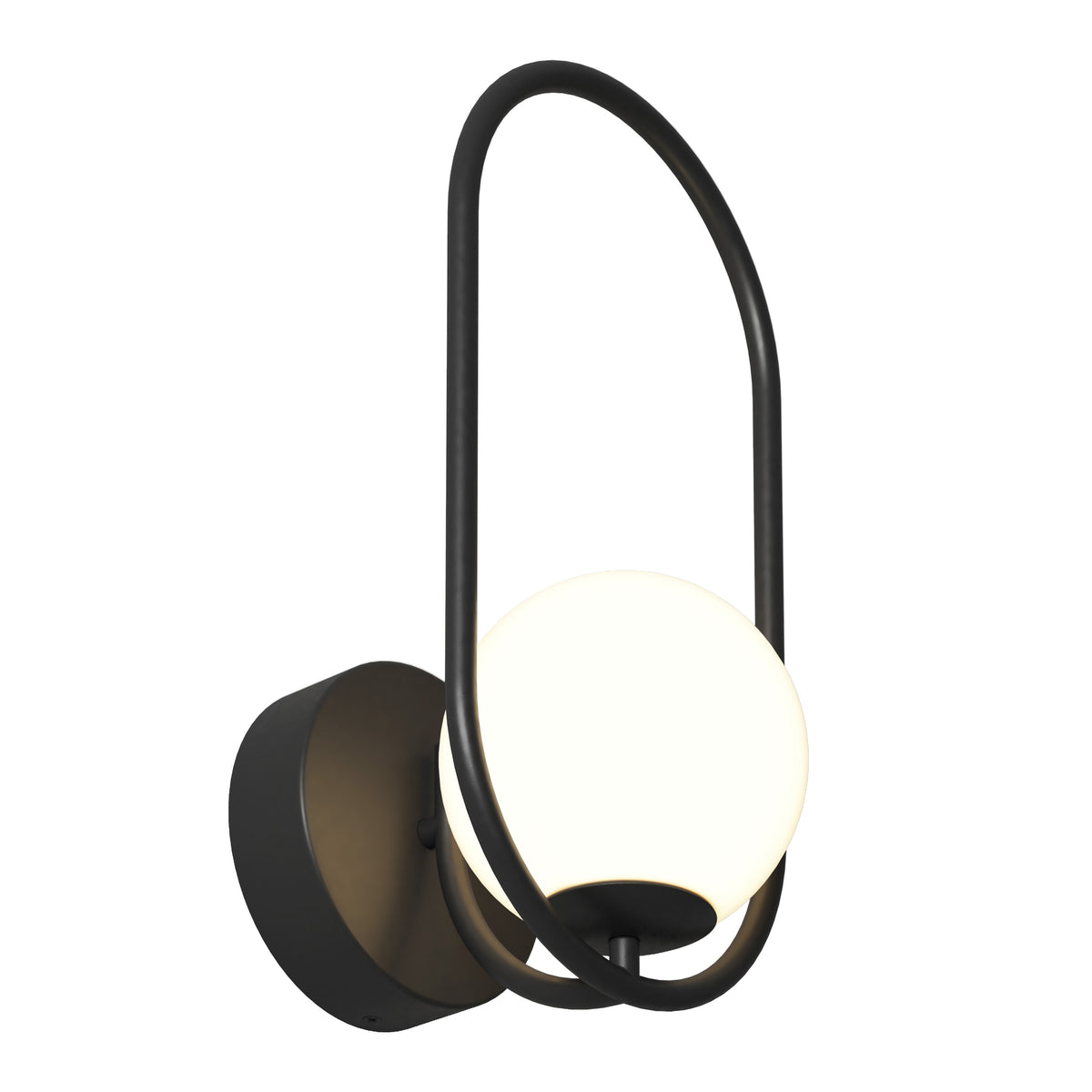 The Artika Bloom LED Sconce 3 CCT features a modern black metal frame, round white frosted glass globe, and mounts on a circular base.