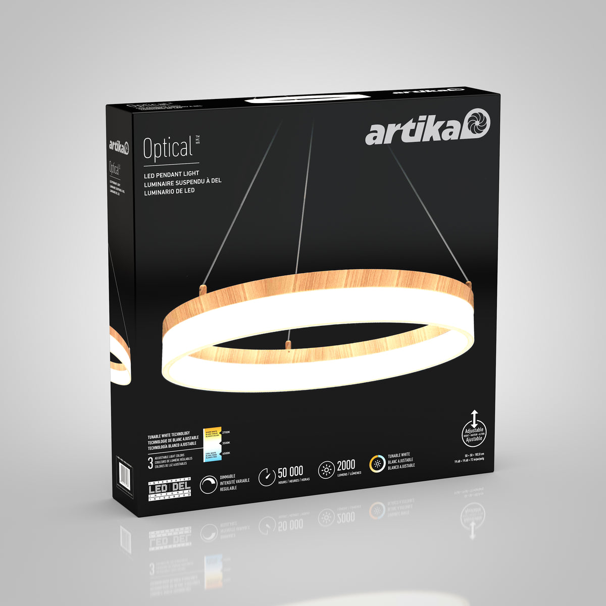 Box of Artika Optical LED pendant light 3 CCT, pictured as a round wood-finish fixture hanging by wires. Packaging showcases minimalist lighting, 50,000-hour life, and brightness of 2000 lumens.