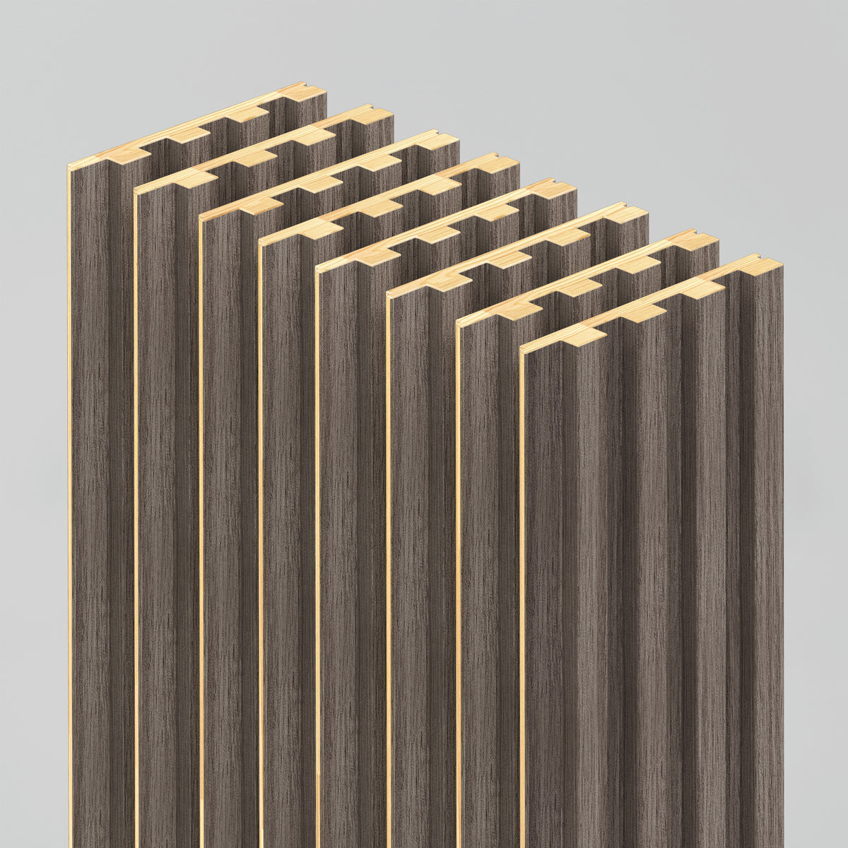 The Artika Panolok 30.67 ft wall panel kit (pack of 8) features vertical wooden slats with evenly spaced gaps, arranged in parallel rows for a modern, minimalist design against a light gray background.