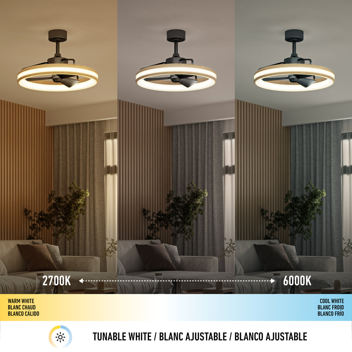 The Artika Lugano 23 in. LED modern ceiling fan, shown in a living room, features remote-controlled lighting with three color temperatures: warm white (2700K), neutral, and cool white (6000K), illuminating a sofa, curtains, and indoor plants.