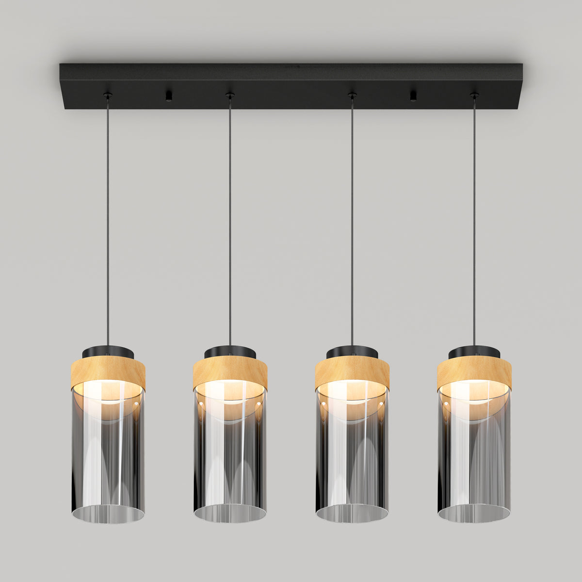 The Artika Hanson 4-light LED pendant features four cylindrical smoked glass shades with wooden accents, suspended from a rectangular black base. This modern fixture offers 5 CCT options for customizable lighting.
