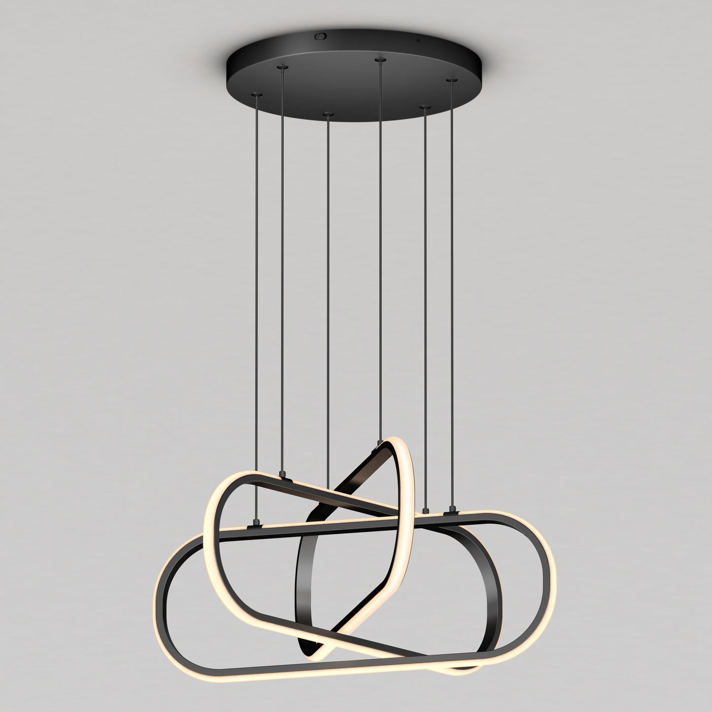 The Artika Lewis modern LED pendant light 3 CCT features black metal, integrated LED strips, and an abstract looping design suspended by thin wires from a round ceiling mount.