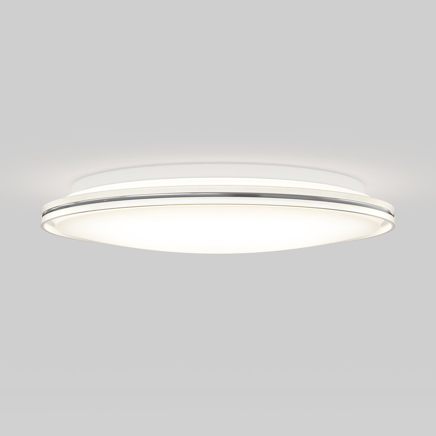 The Artika Astrid 16.5 in. LED flush mount light features a sleek, modern round design in white with a subtle metallic edge, and includes 5 CCT settings with remote control, mounted on a plain gray ceiling.