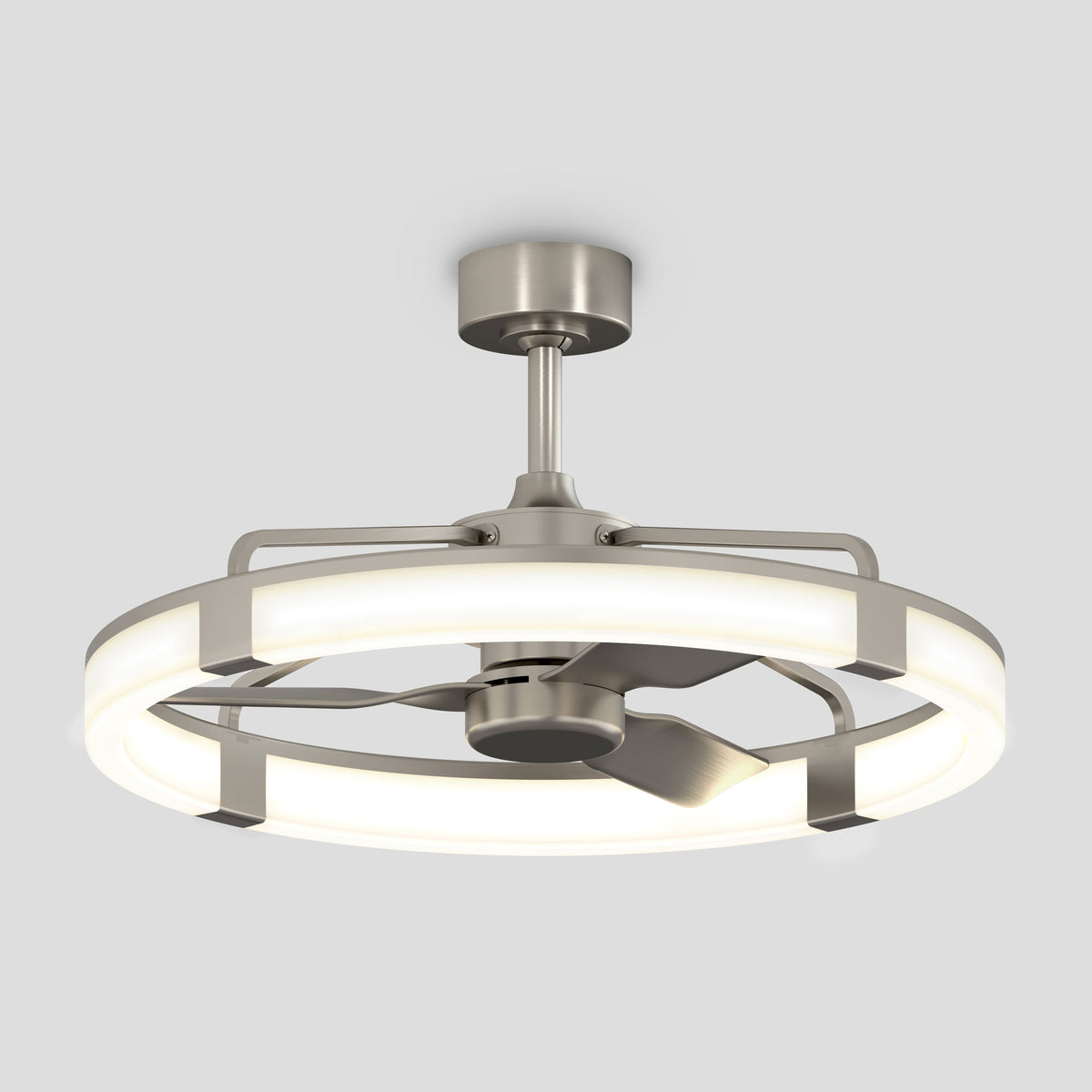 A modern ceiling fan with a sleek, circular LED light ring and metallic finish, featuring three blades and a central mounting fixture against a plain light gray background.