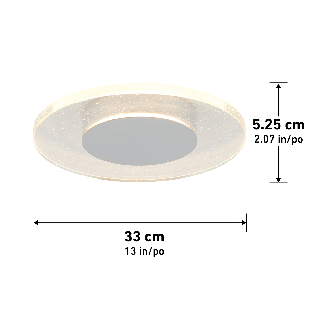 Artika Essence Disk LED flush mount, featuring a glittery rim, measures 33 cm (13 in) in diameter and 5.25 cm (2.07 in) in height; shown here with labeled dimensions.