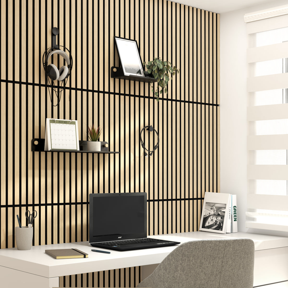 Minimalist home office with a white desk, gray chair, and natural light from a window with white blinds. The wall features Artika’s Sonokit shelves and hooks for Sonolok and Sonofold panels, adding stylish organization to the space.