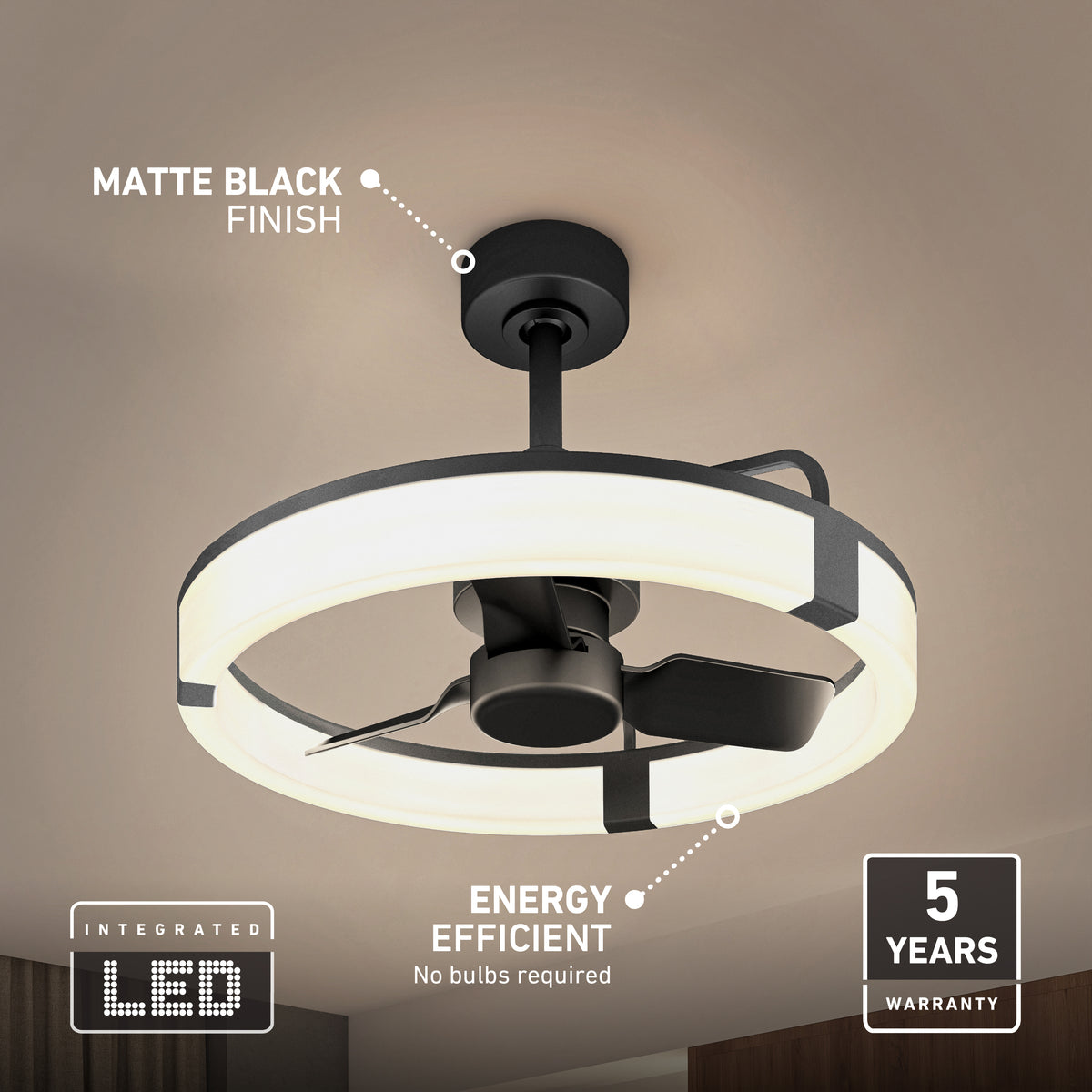 Artika Sunnyvale 23 in. LED modern fandelier ceiling fan, matte black, with remote, energy efficient & 5-year warranty.