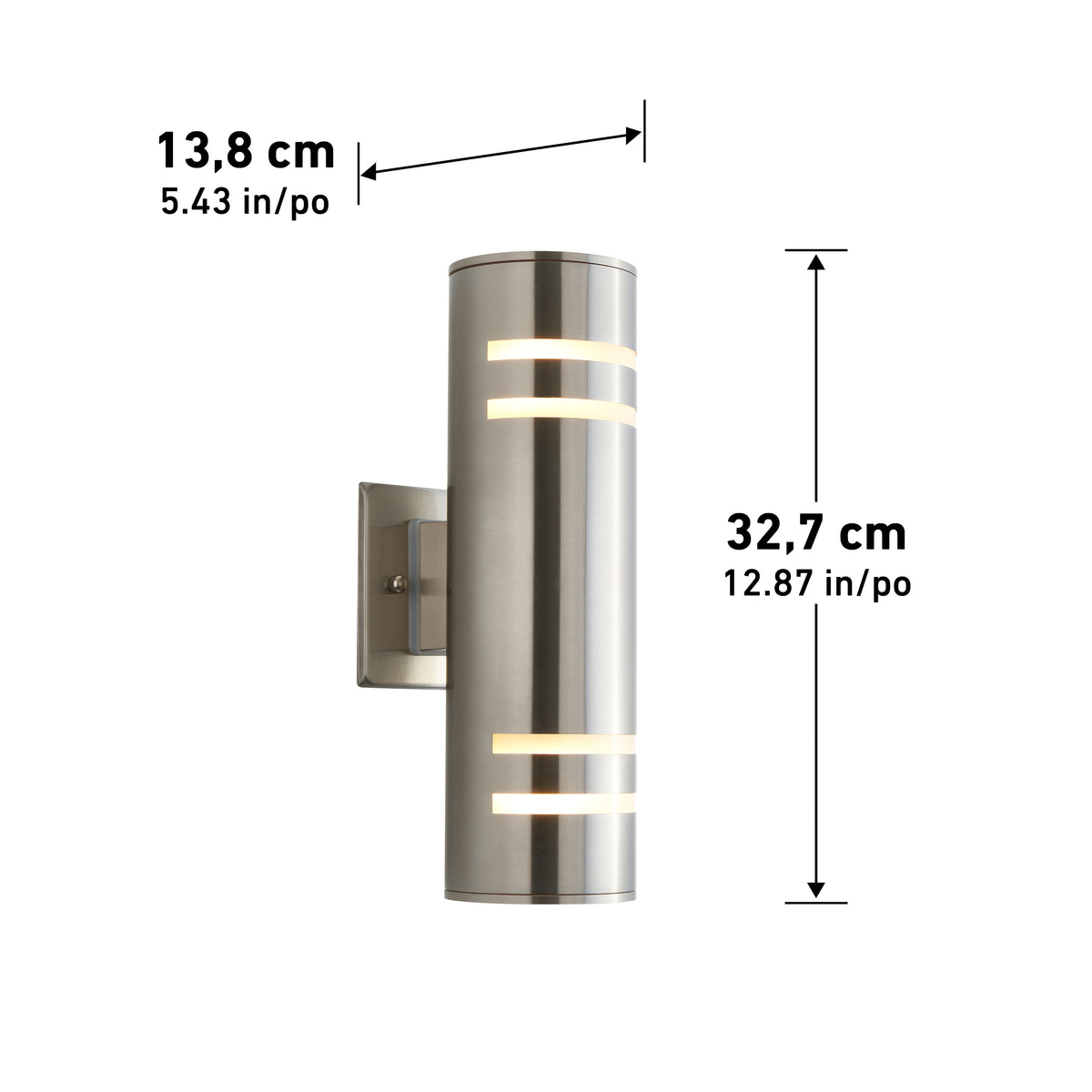 The Artika Voltz indoor-outdoor wall light features a modern cylindrical design with horizontal slots, brushed metal finish, and mounts on a rectangular wall plate. Dimensions: 32.7 cm (12.87 in) high x 13.8 cm (5.43 in) wide.