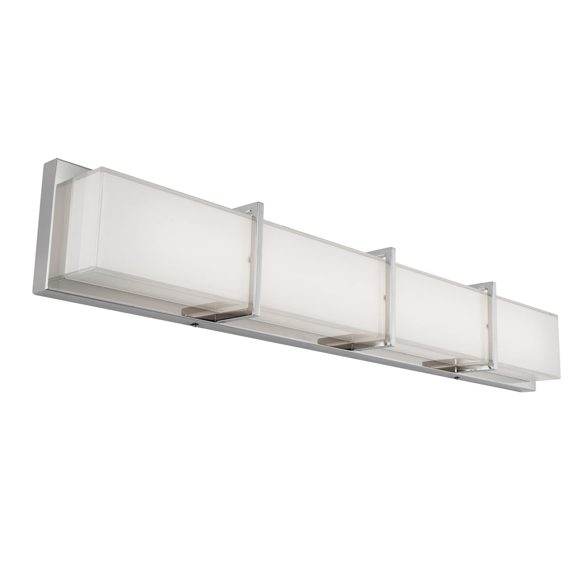 The Artika Subway 35-in (89 cm) Integrated LED Vanity Light Bar features three rectangular frosted glass shades and a brushed nickel base, perfect for stylish horizontal installation in your bathroom.