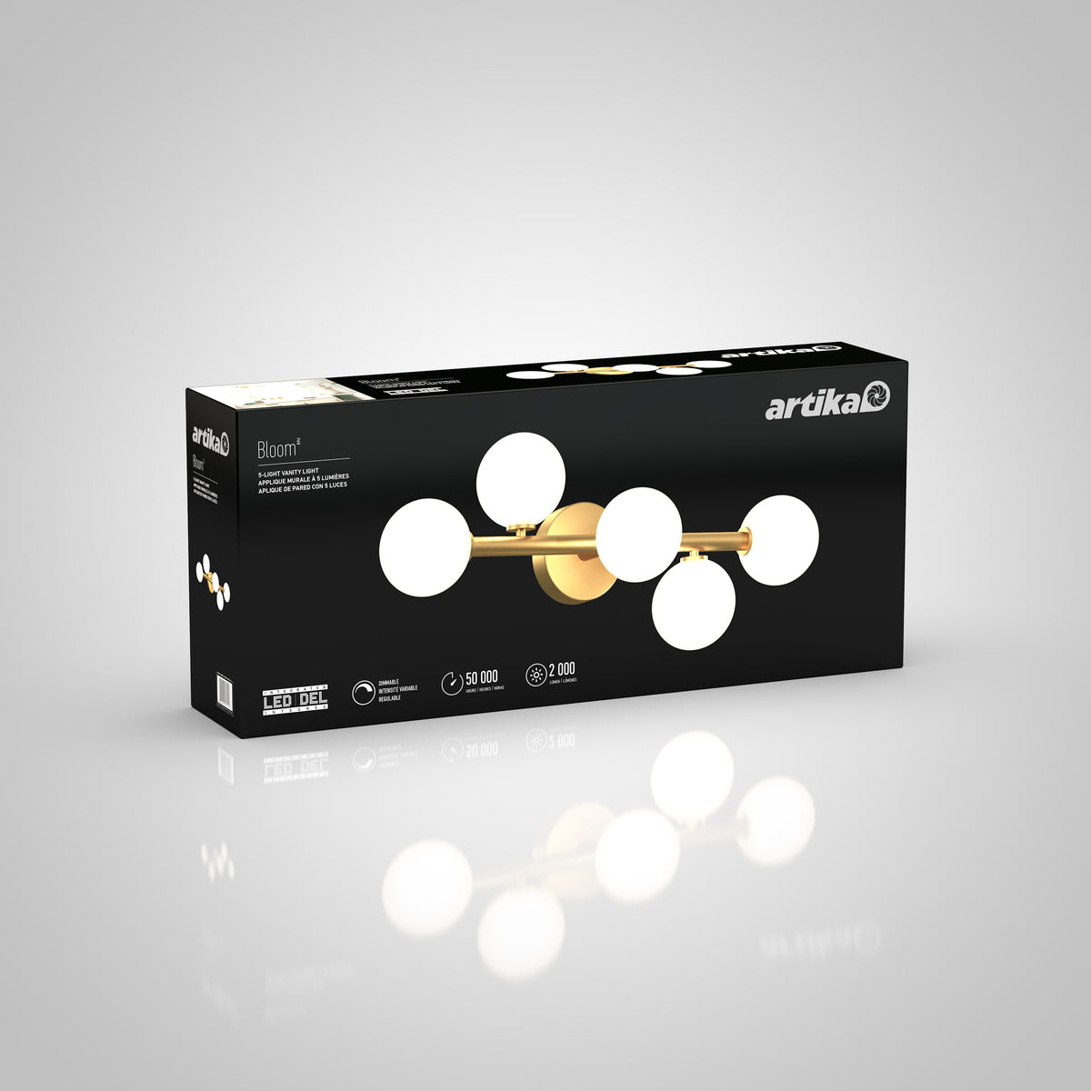 A black and gold Artika Bloom 27-in 3-Light Modern LED Vanity Light box displays the bathroom fixture with six white glass globes, product name, and LED icons on a gray background.