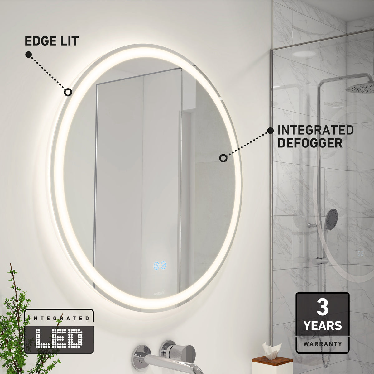The Artika Ayla 28 in. LED mirror features an illuminated edge, 3 CCT settings, and integrated defogger, mounted above a sink. A “3 Years Warranty” badge is shown. Shower enclosure visible in background.