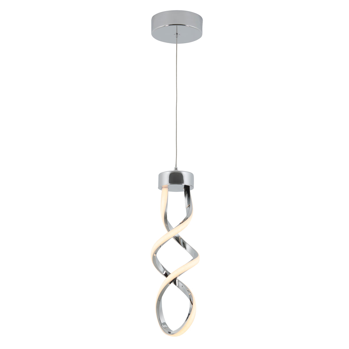 The Artika Mini Swirl LED pendant light features a twisted, ribbon-like design in a chrome finish, suspended from a round ceiling mount by a slim wire.