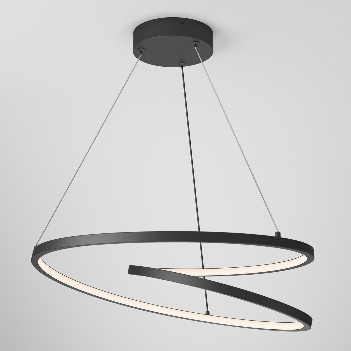 The Salto LED pendant light by Artika features two intertwined black metal rings suspended by thin wires, casting a soft white glow from their inner edges against a plain white background.