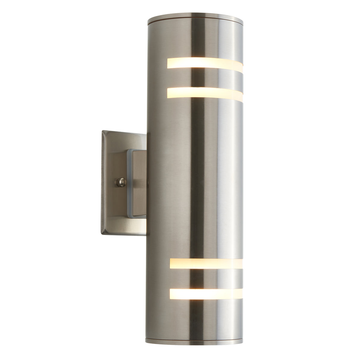 The Artika Voltz indoor-outdoor wall light features a brushed metal cylindrical body with horizontal slits for warm illumination, a modern vertical design, and a rectangular metal wall plate.