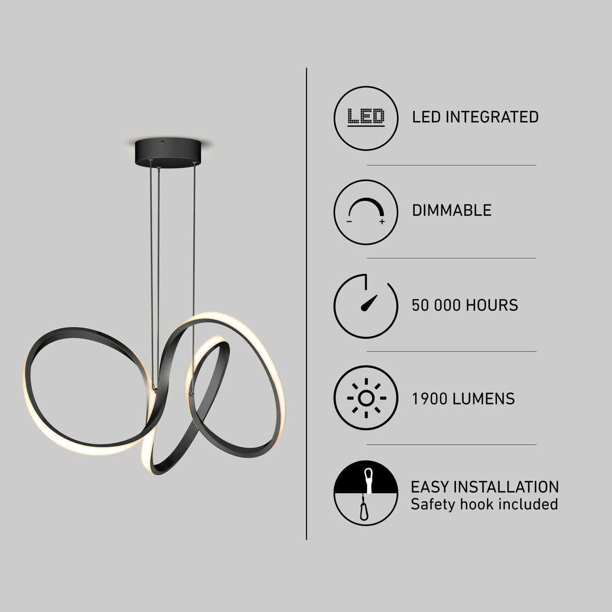 The Artika Swirl LED pendant light features a modern looped design, integrated LED, dimmable function, 50,000-hour lifespan, 1900 lumens brightness, and easy installation with safety hook.