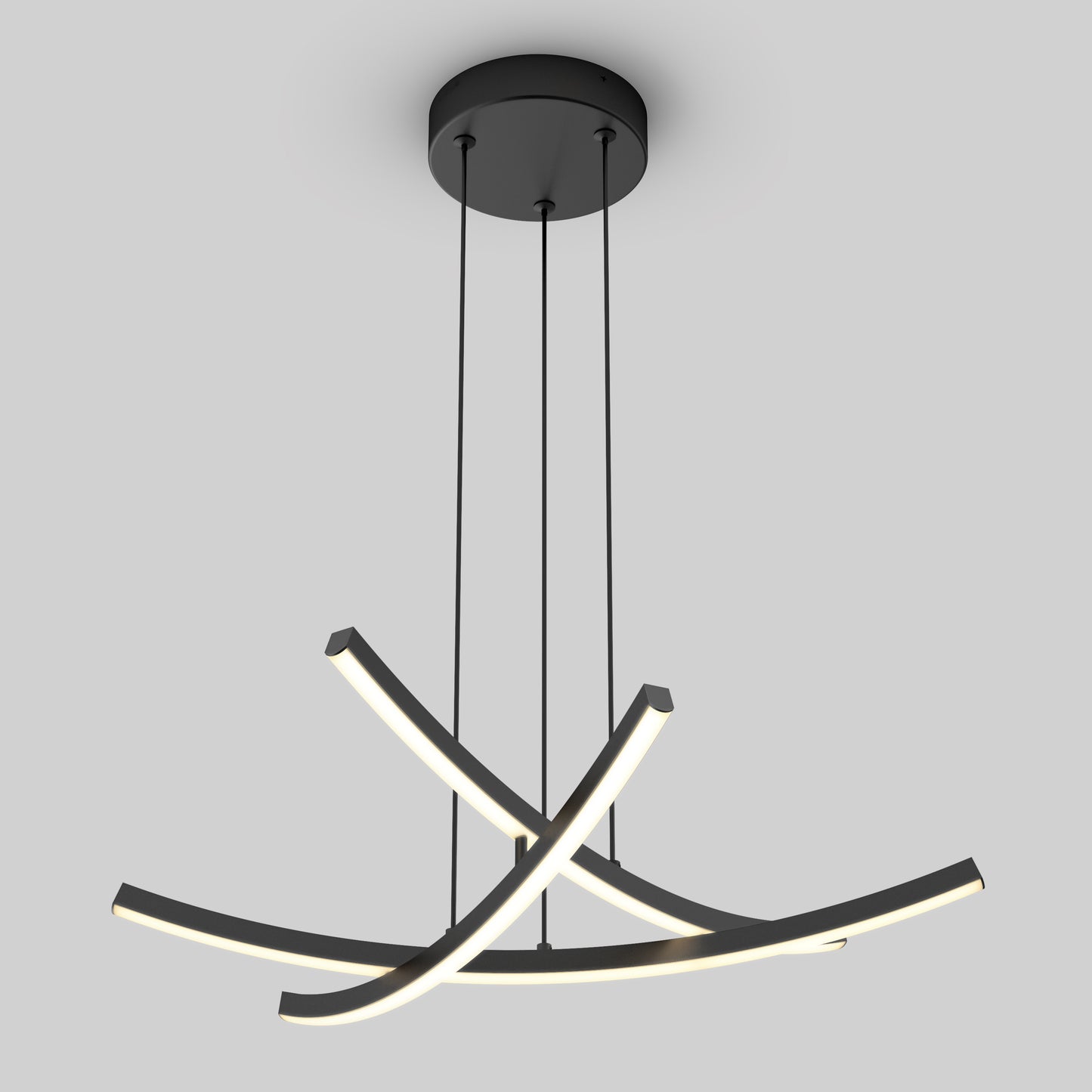 The Orly modern LED pendant light by Artika features three curved, intersecting LED bars suspended from a round black base, creating a sleek look against a plain gray background. This fixture offers 5 color temperature options (5 CCT).