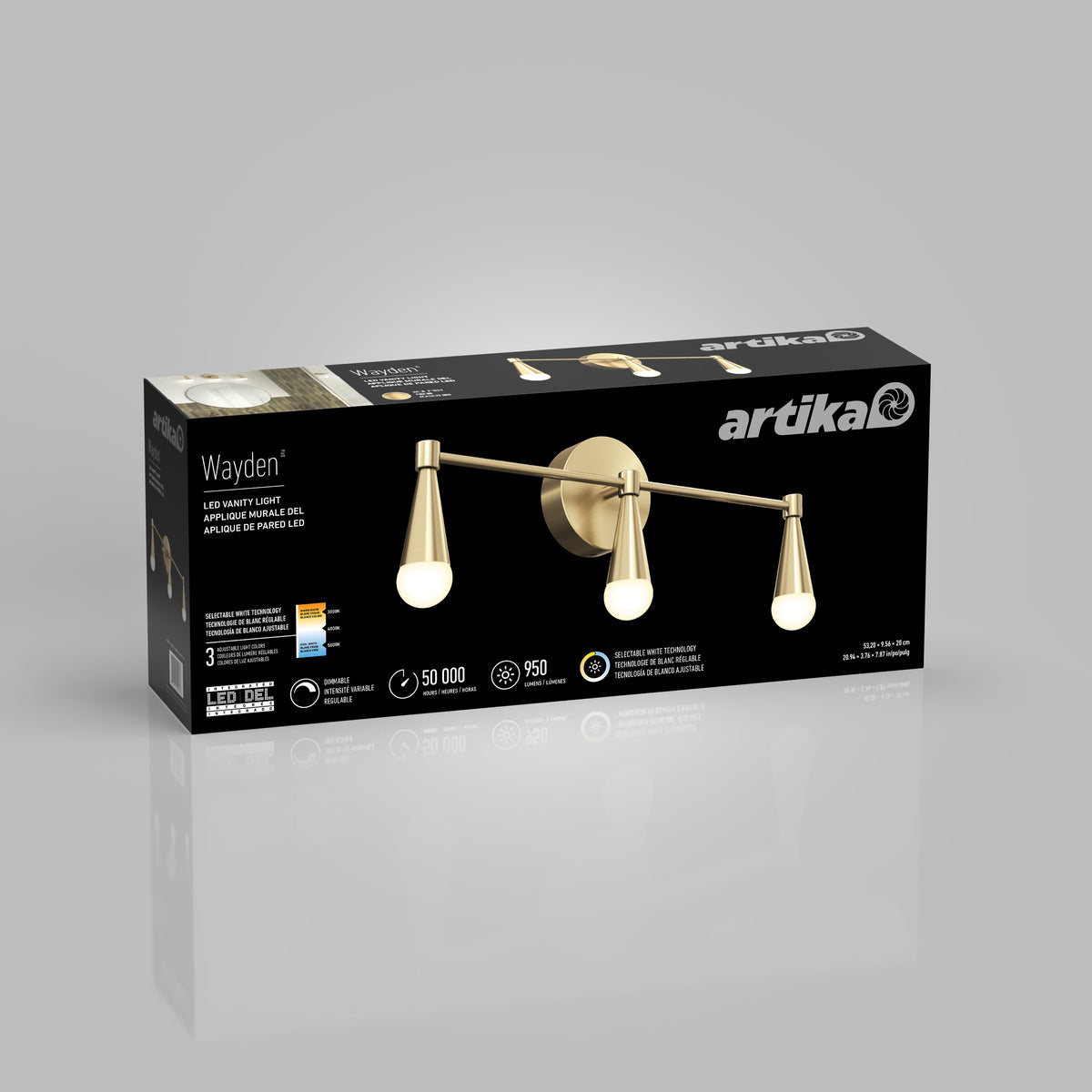 Box for Artika Wayden LED mid-century bathroom vanity light 3 CCT, shown in gold with product details on black packaging.