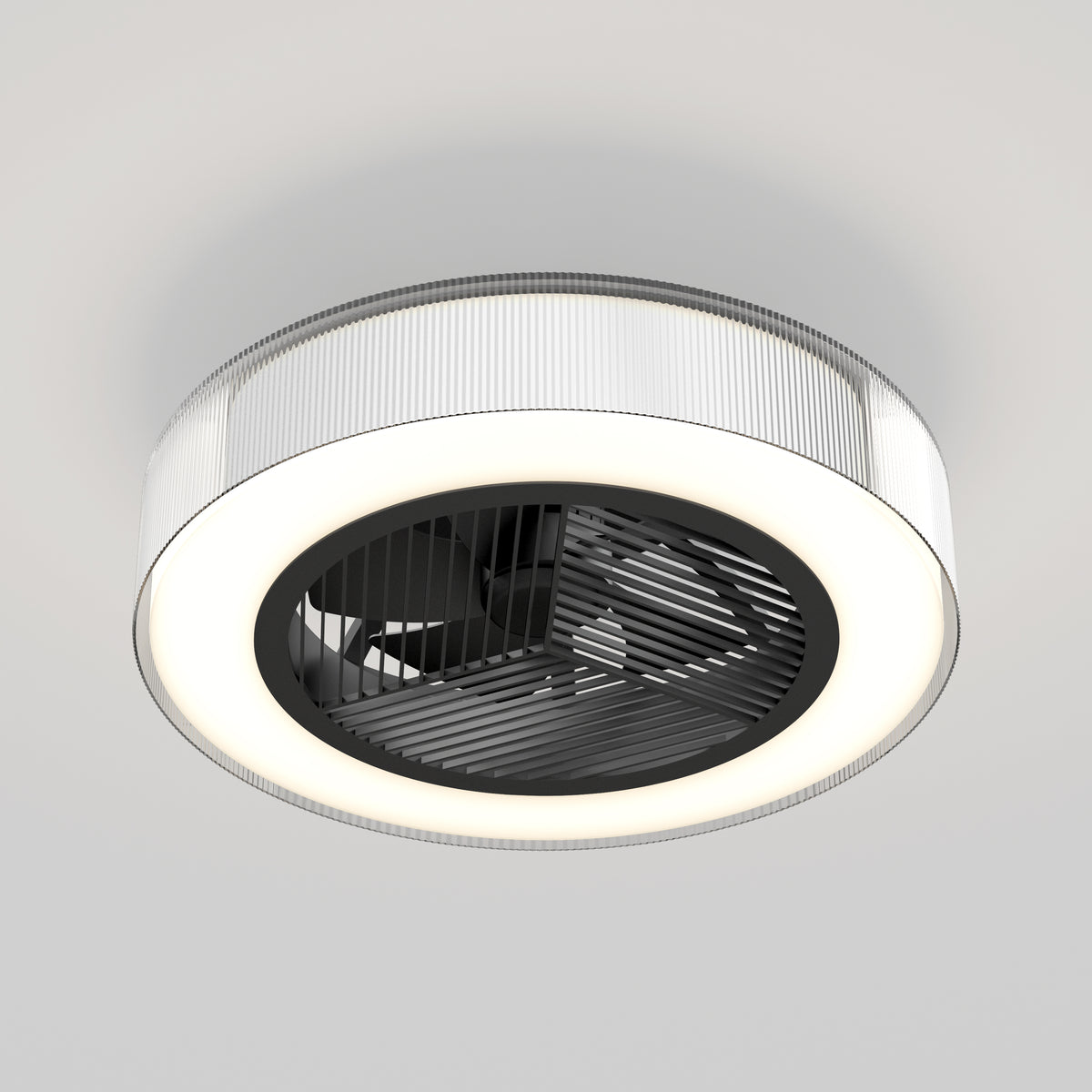 The Artika Groove 20 in. LED modern ceiling fan features a sleek black and white look, vented cover, built-in LED ring, and three speeds with remote, all mounted on a plain white ceiling.