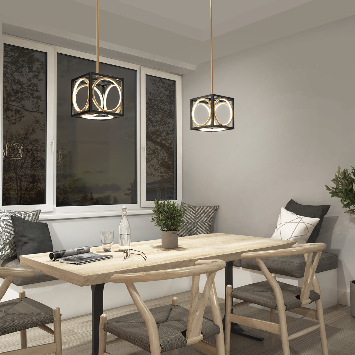 A modern dining area with a wooden table, four cushioned chairs, a potted plant, decorative pillows, and two Artika Astoria LED modern pendant lights overhead. A large window reveals an outdoor scene at dusk.