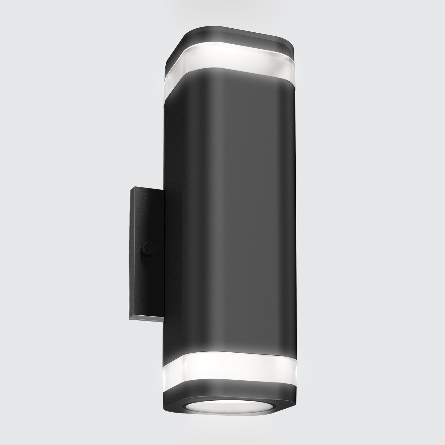 The Artika Stark modern LED indoor-outdoor light features a sleek black wall-mounted design with rounded edges and clear top and bottom panels for up-and-down illumination, shown against a light gray background, and includes wi-fi connectivity.