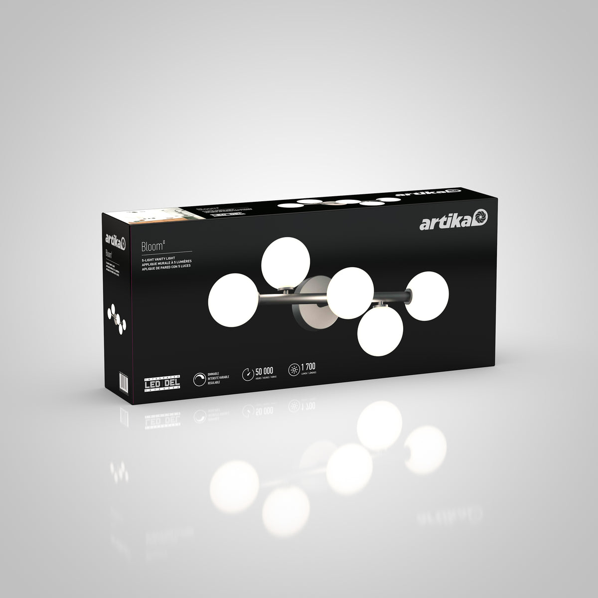 A rectangular black box for the Artika Bloom 27-in 3-Light Modern LED Vanity Light displays images of the bathroom fixture, product features, and branding on a gray gradient background.