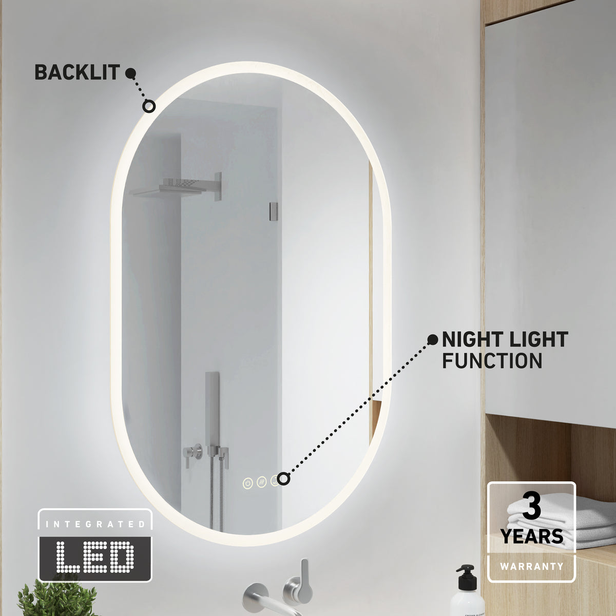 Artika Clara Oval LED Mirror 30x20 in. with defogger, 3CCT, night light, and 3-year warranty, shown above a modern bathroom sink.