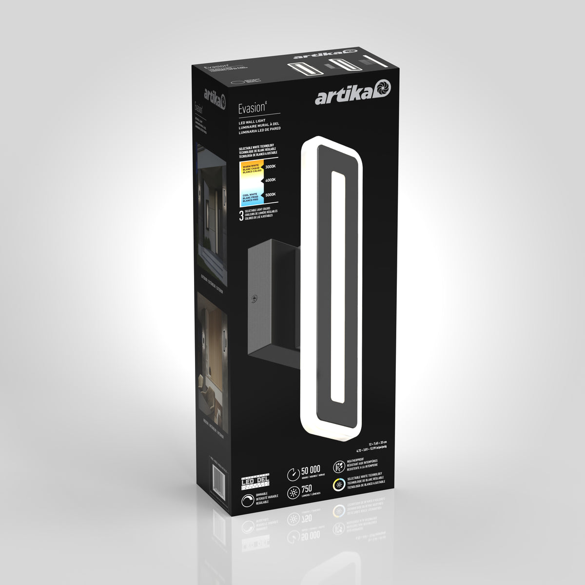 A black box of the Artika Evasion modern indoor-outdoor LED wall light 3 CCT displays a vertical rectangular fixture, product details, and images showing the light installed indoors.