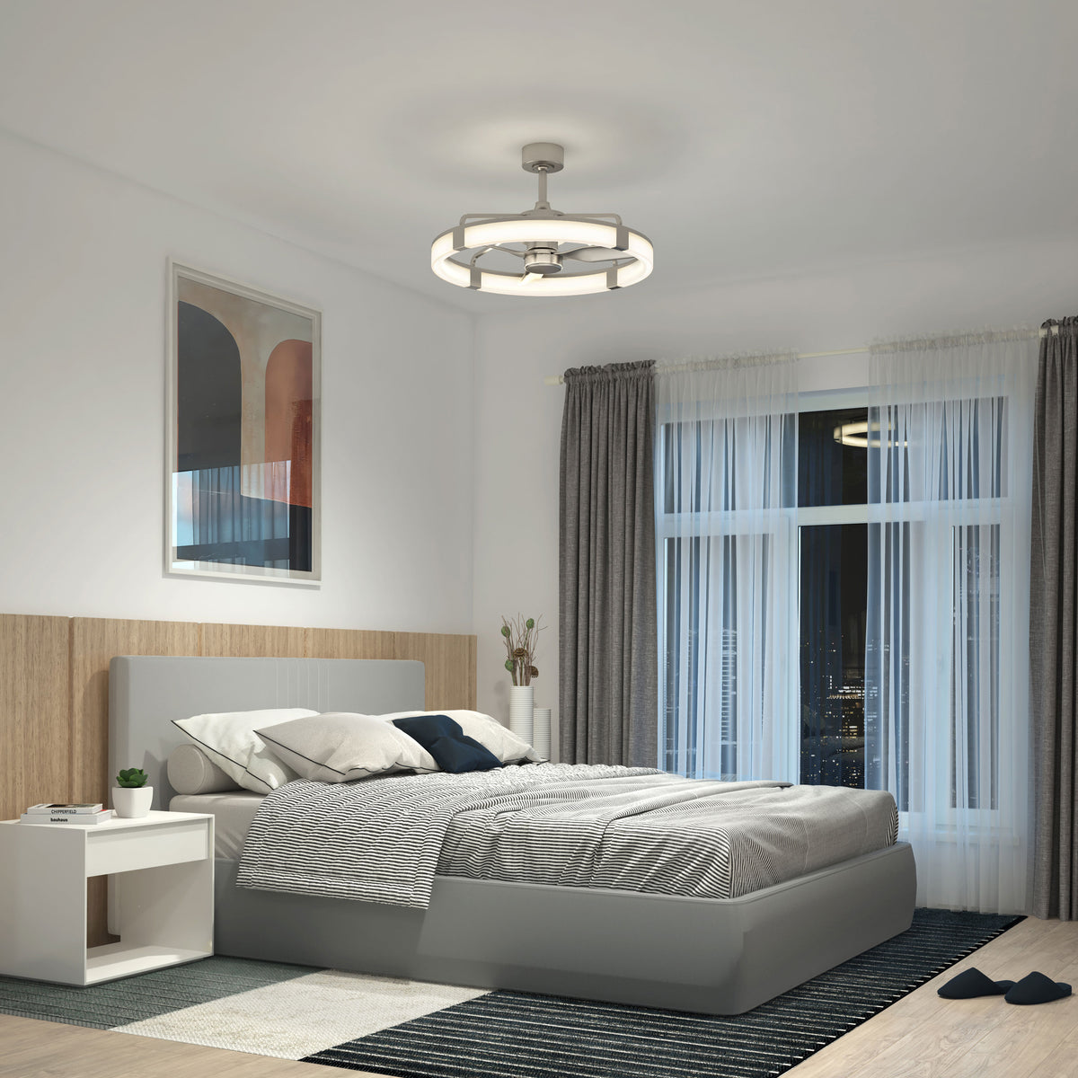 Modern bedroom with large bed, gray accents, nightstand, curtains, window view, and Artika Sunnyvale 28 in. LED fan with remote control.