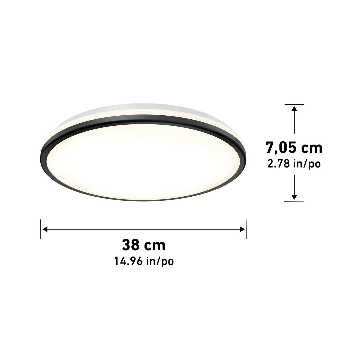 Artika Macy 15 in. LED modern flush mount light, RGB Wifi, black trim, Alexa compatible; shown with dimension arrows.