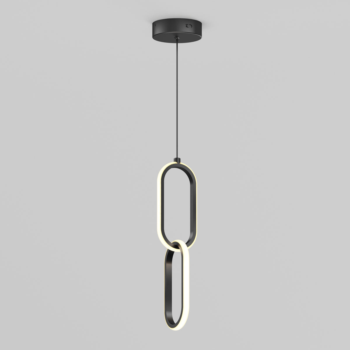 The Artika Catena LED pendant light 5 CCT features two interlocking oval LED rings, suspended from the ceiling by a black cord and round mount, shown against a plain white background.