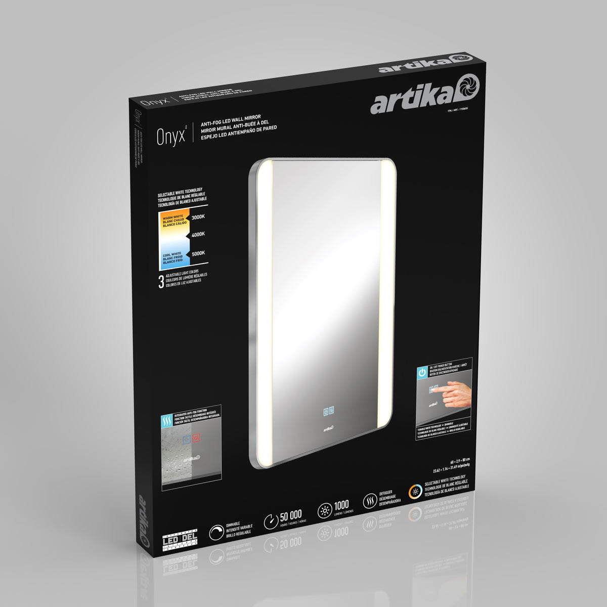 Black retail packaging for the Artika Onyx dimmable LED mirror 3 CCT, featuring a rectangular design with built-in LED lighting and touch controls. Key product features and specs are highlighted on the box.