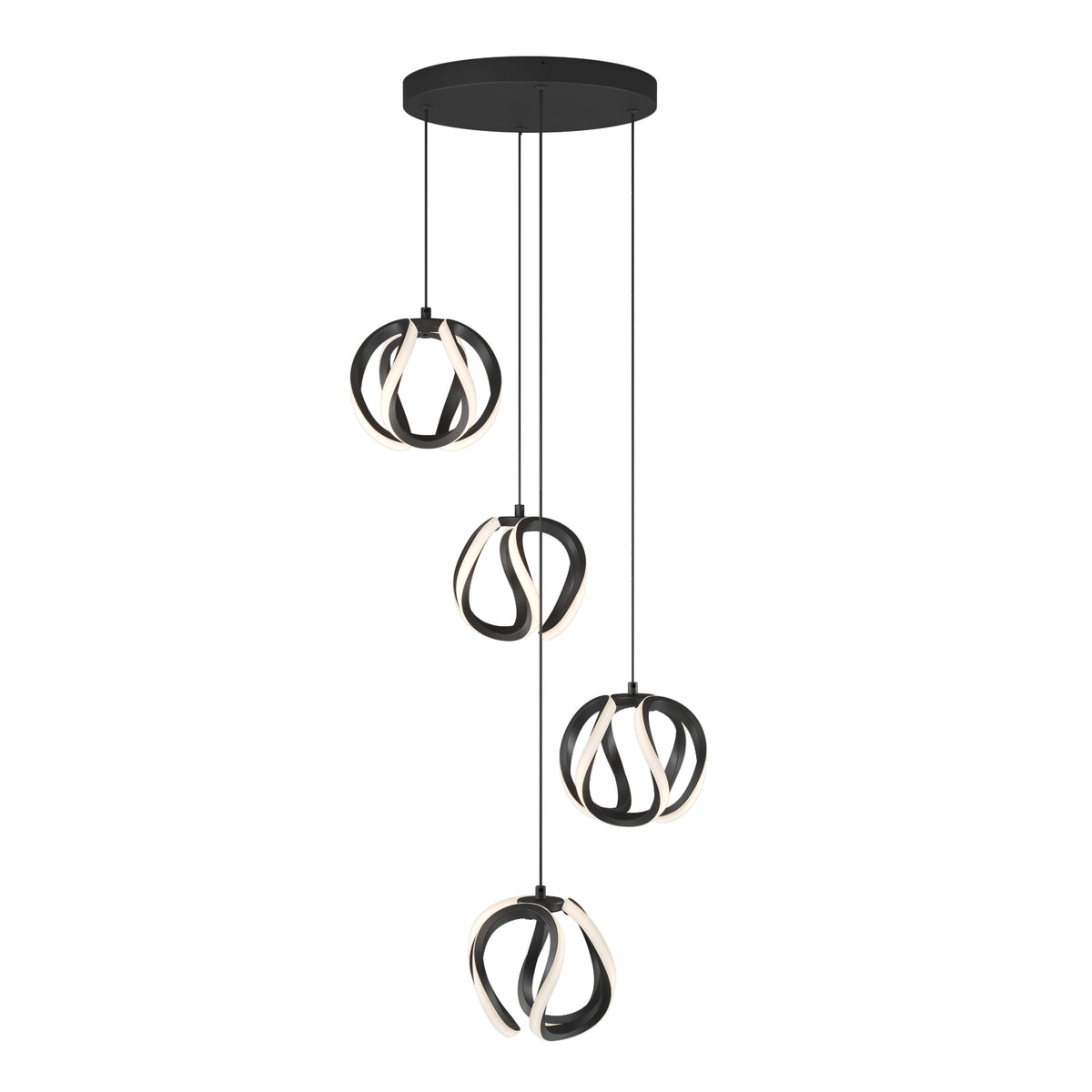 The Artika Vivaldi modern LED 4-light pendant features four black circular LED lights with curved ribbon-like designs, each hanging at varying heights from a round black ceiling mount. Adjustable with 5 CCT color settings.