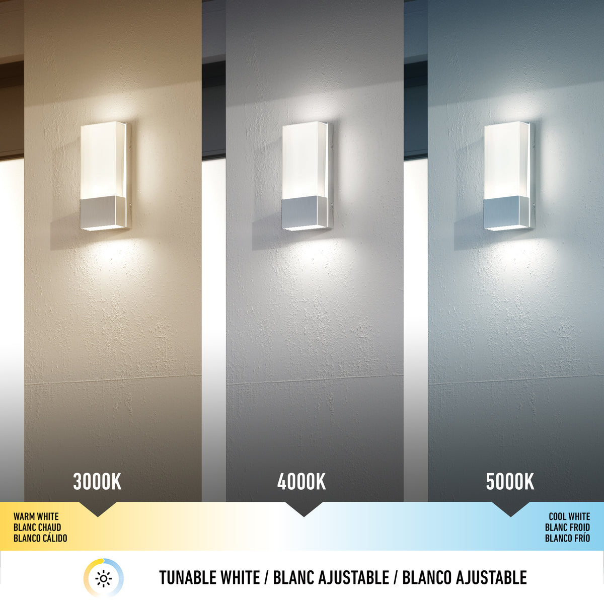 The Artika Dixon indoor-outdoor LED wall light is shown mounted on a wall, emitting warm white (3000K), neutral white (4000K), and cool white (5000K) light, each casting a unique hue.