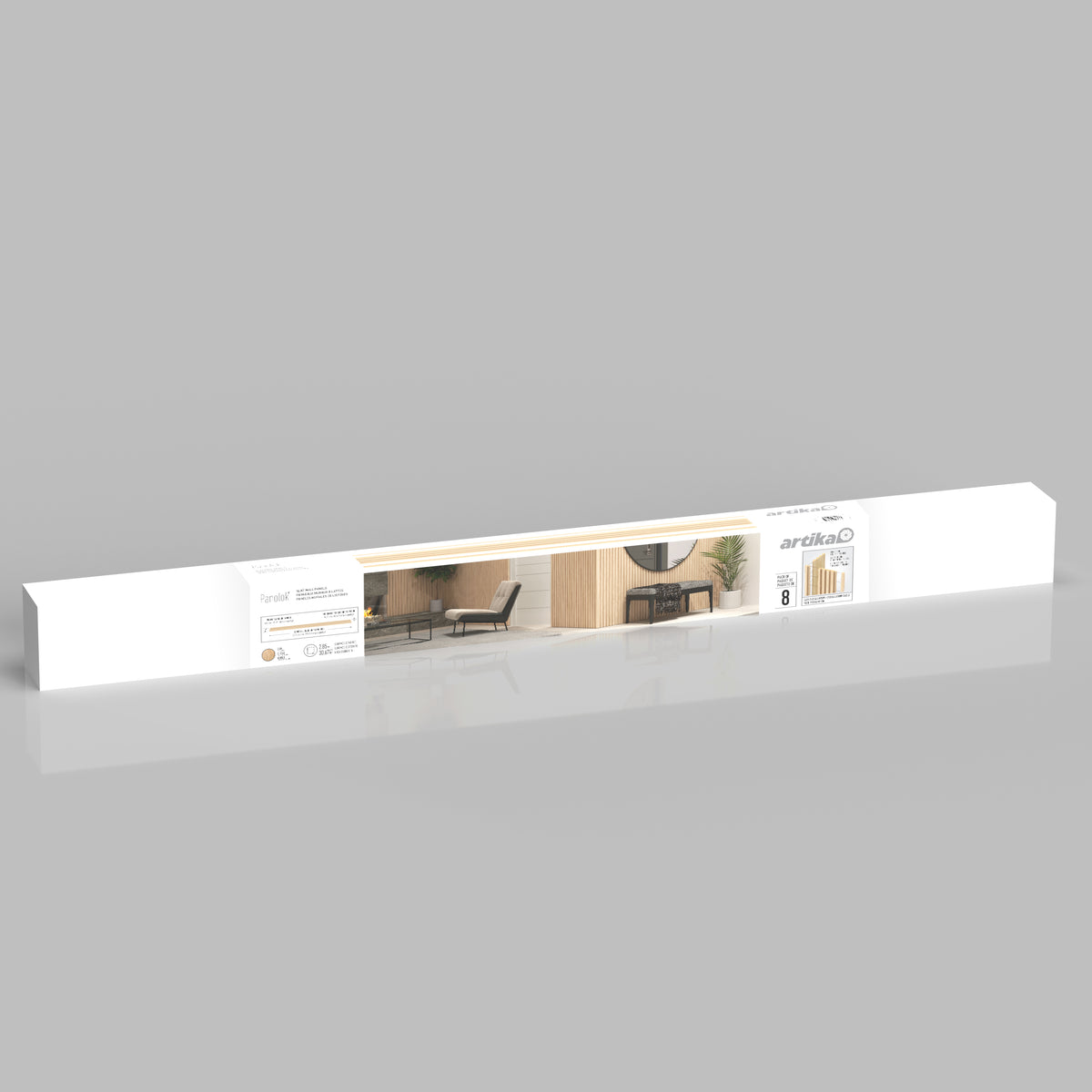 The Artika Panolok 30.67 ft wall panel kit (pack of 8) comes in long, rectangular white packaging featuring a central image of modern slatwall panels and molding in a stylish living area, with Scandinavian design icons and Artika branding.