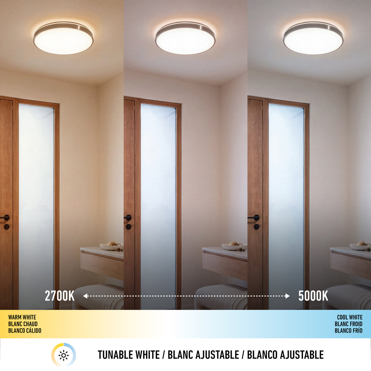 Artika’s Isara 15 in. RGBIC ceiling light displays warm to cool white (2700K–5000K) with interchangeable trim in bathrooms.