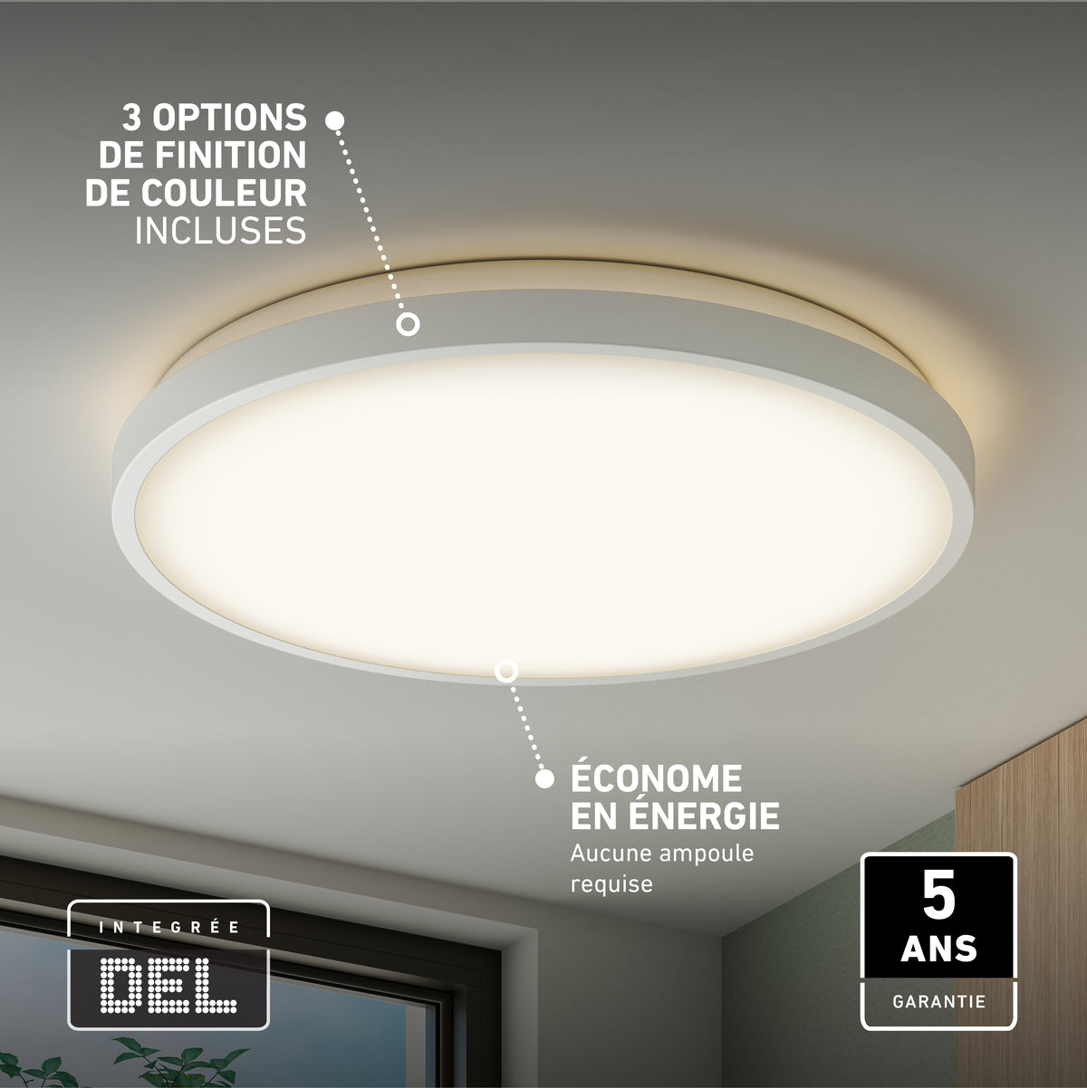 Artika Isara 15″ RGBIC Flush Mount: energy-saving, color options, 5-year warranty—shown installed in a modern room.