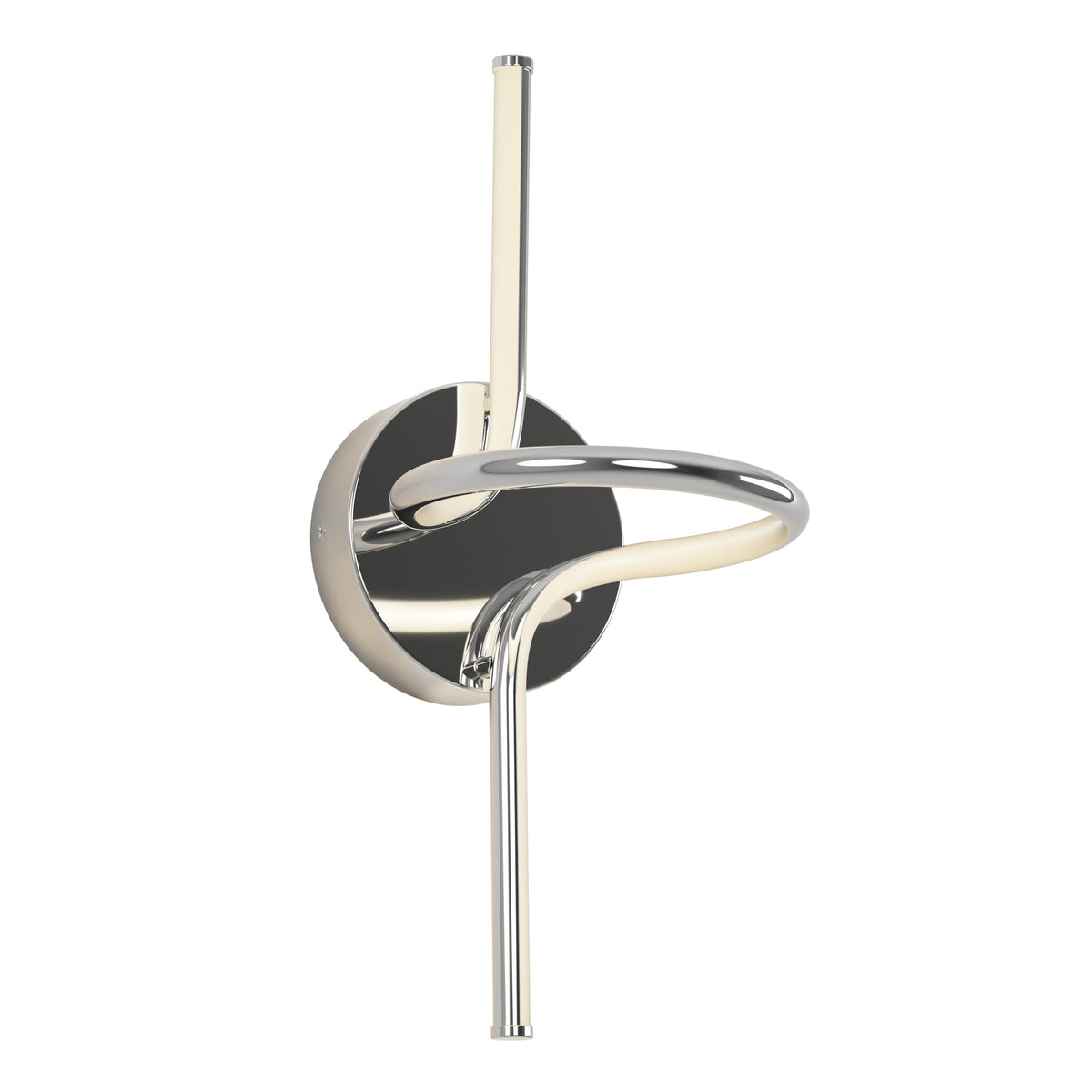 The Swirl LED Sconce by Artika features a chrome finish with a circular base and a vertically looping, curved LED light tube.