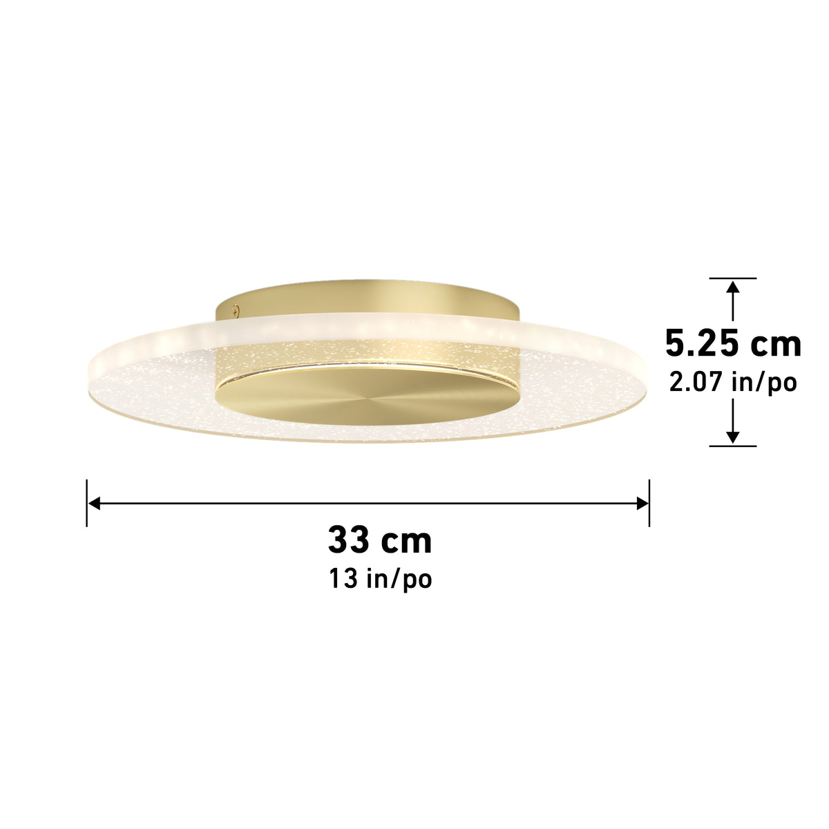 The Artika Essence Disk LED flush mount is a round, gold-colored ceiling light with a frosted edge, measuring 33 cm (13 in) in diameter and 5.25 cm (2.07 in) high. Measurements are shown with arrows.