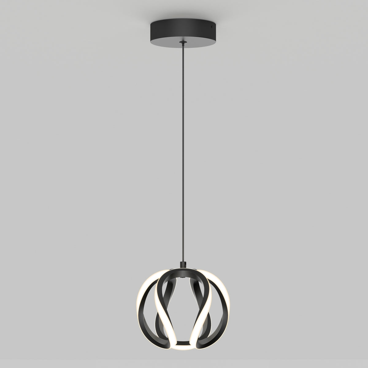 The Artika Vivaldi LED pendant light 3 CCT features a black circular ceiling mount, long black cord, and a spherical open-frame design with black bands and integrated LED strips, shown against a plain light gray background.