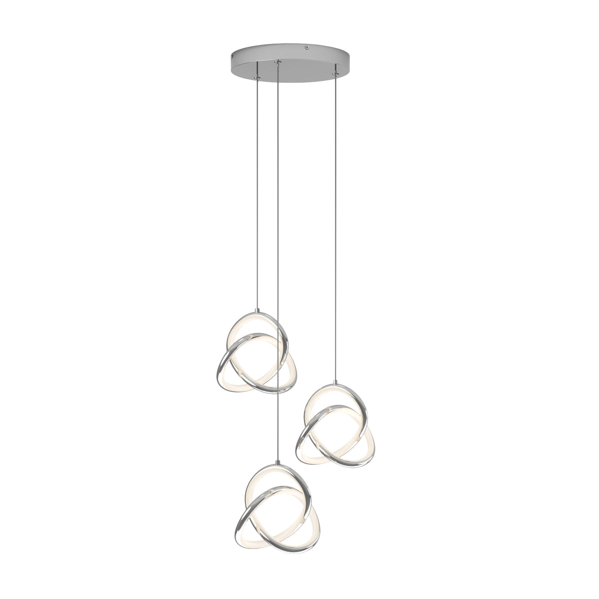 The Artika Zephyr 3-light LED pendant features three hanging LEDs encircled by intertwined silver rings and a round ceiling mount. This dimmable chandelier provides sleek, contemporary lighting for any space.