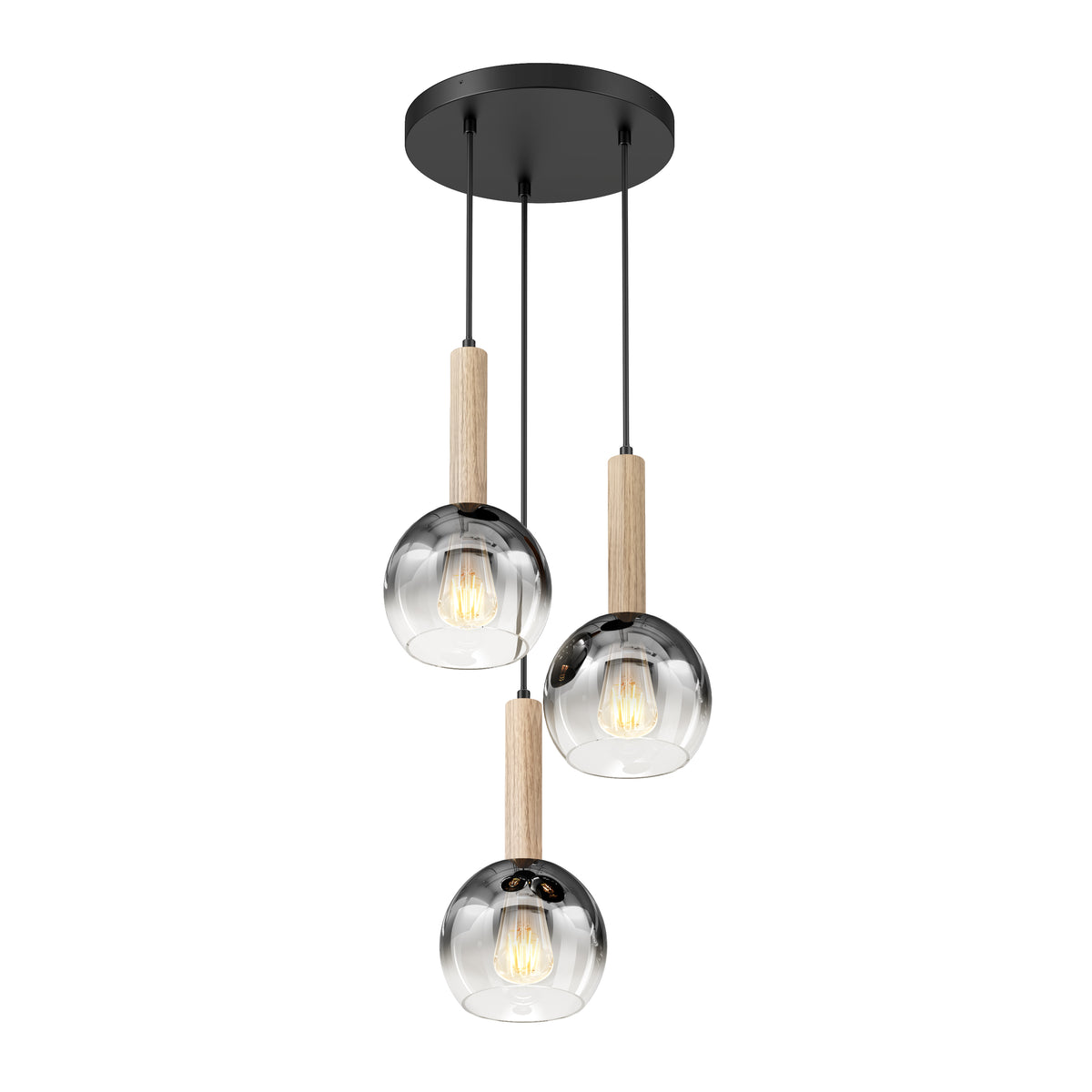 The Artika Ardel Spiral 3-Light Pendant features three glass globes suspended by black cords with wood accents above each, all mounted on a round black ceiling plate. Bulbs not included.