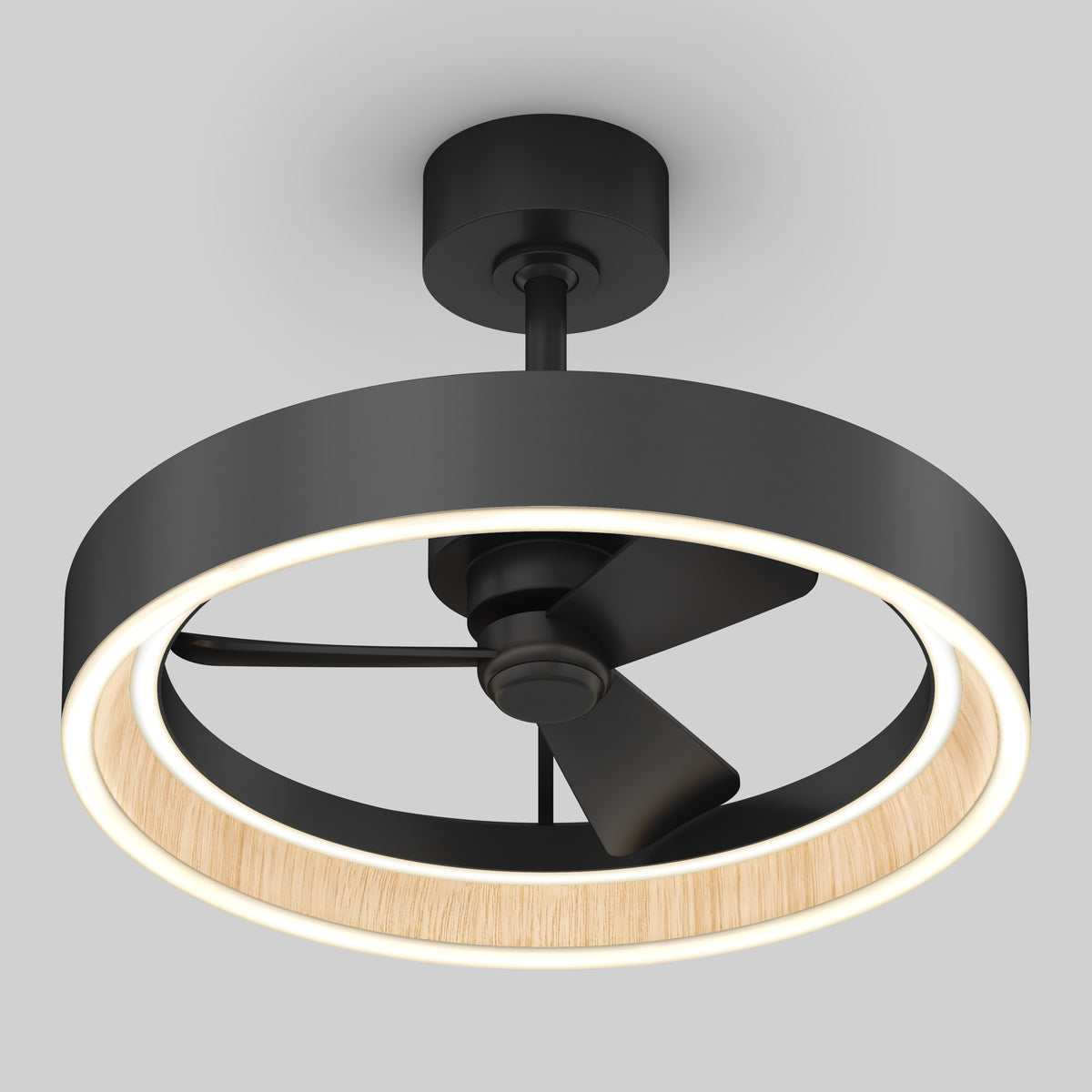The Artika Alton 24 in. LED modern ceiling fan features three blades, a wood-textured inner rim, and a round LED ring, all mounted on a gray ceiling. Includes 3 speeds and remote control.