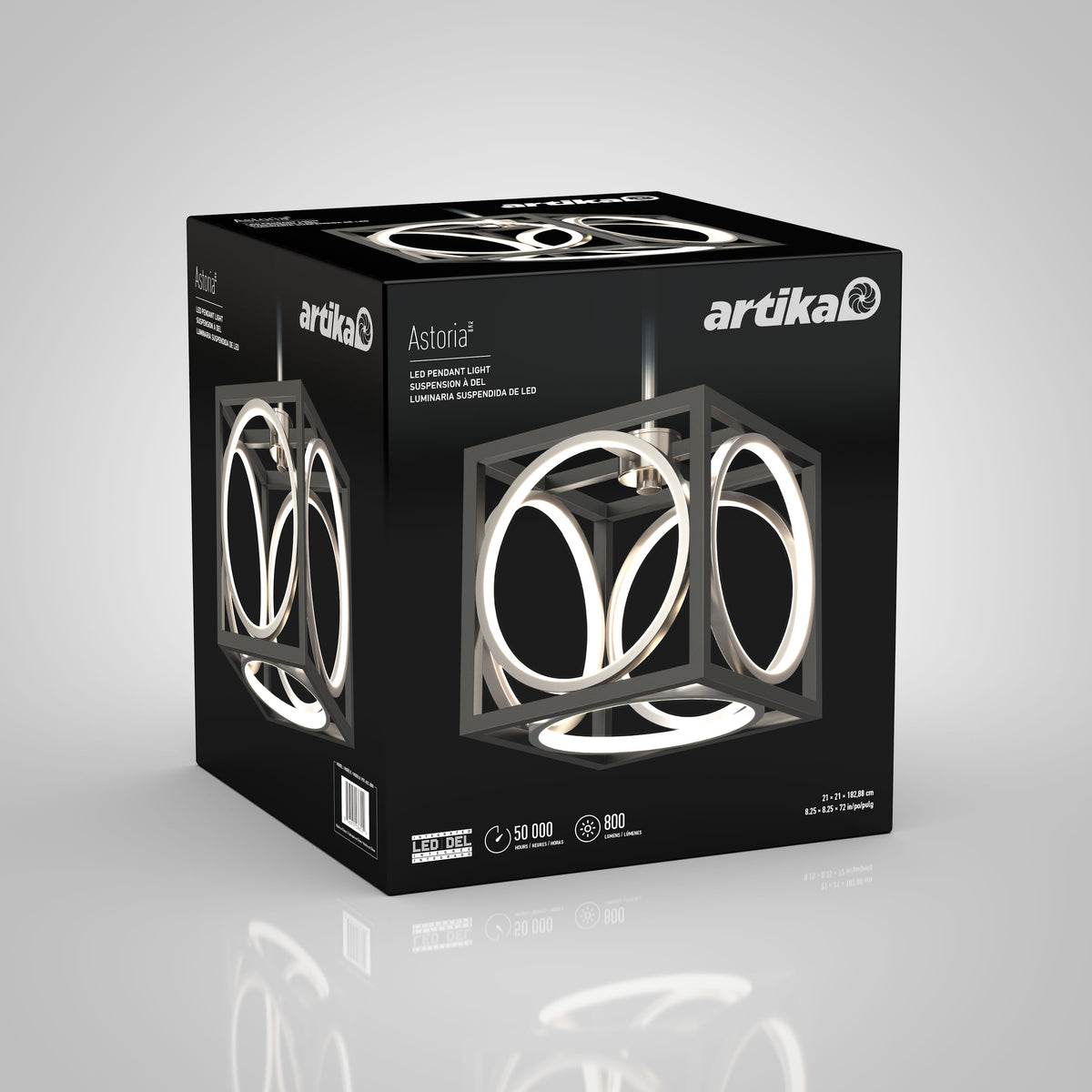 The black box packaging for the Artika Astoria LED modern pendant light highlights its black and gold finish with illuminated rings in a square frame, while product specs appear on the lower section of the box.
