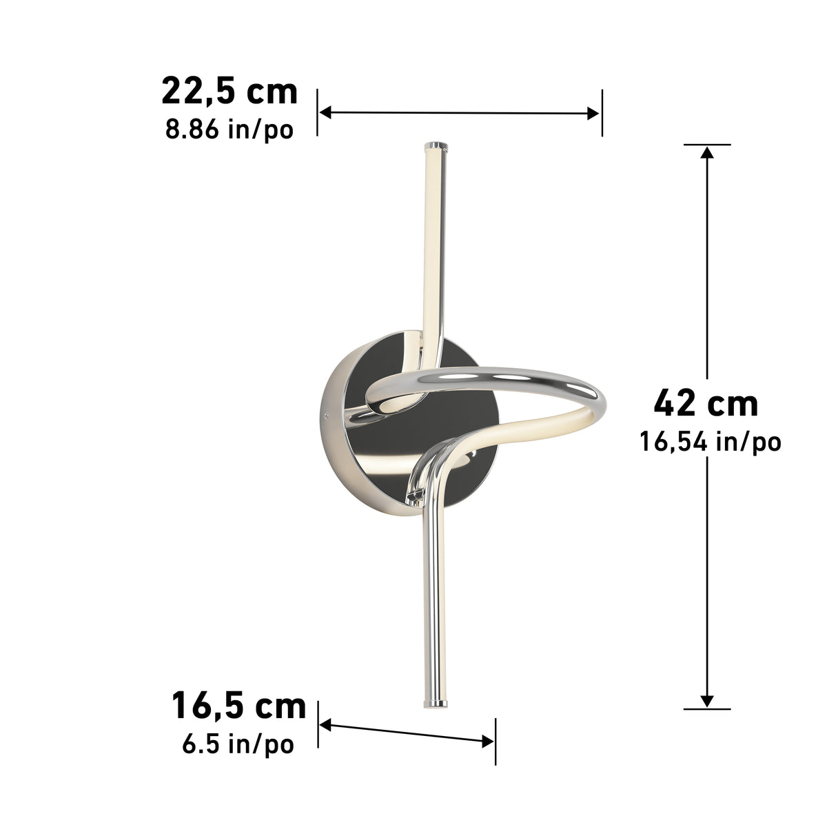 The Artika Swirl LED Sconce is a modern wall lamp with a circular base and intertwined tubular light, measuring 22.5 cm (8.86 in) wide, 42 cm (16.54 in) tall, and 16.5 cm (6.5 in) deep.