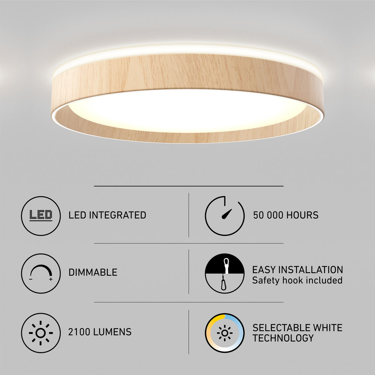 Artika’s Callisto 15 in. LED flush mount light features a wood trim, 2100 lumens, selectable white tech (5 CCT), integrated LEDs with 50,000-hour lifespan, dimmable function, and easy installation.