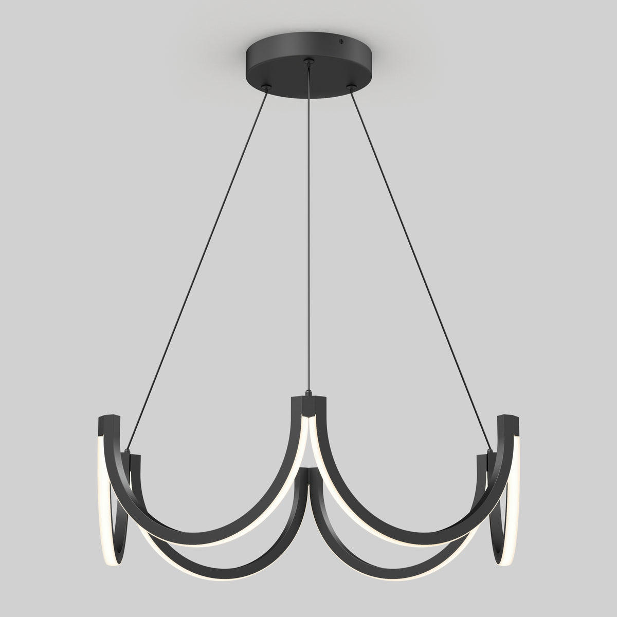 The Artika Adelia LED pendant light 5 CCT features a modern black design with three curved arms, integrated LED lights, and is suspended by three thin black cables against a plain light gray background.