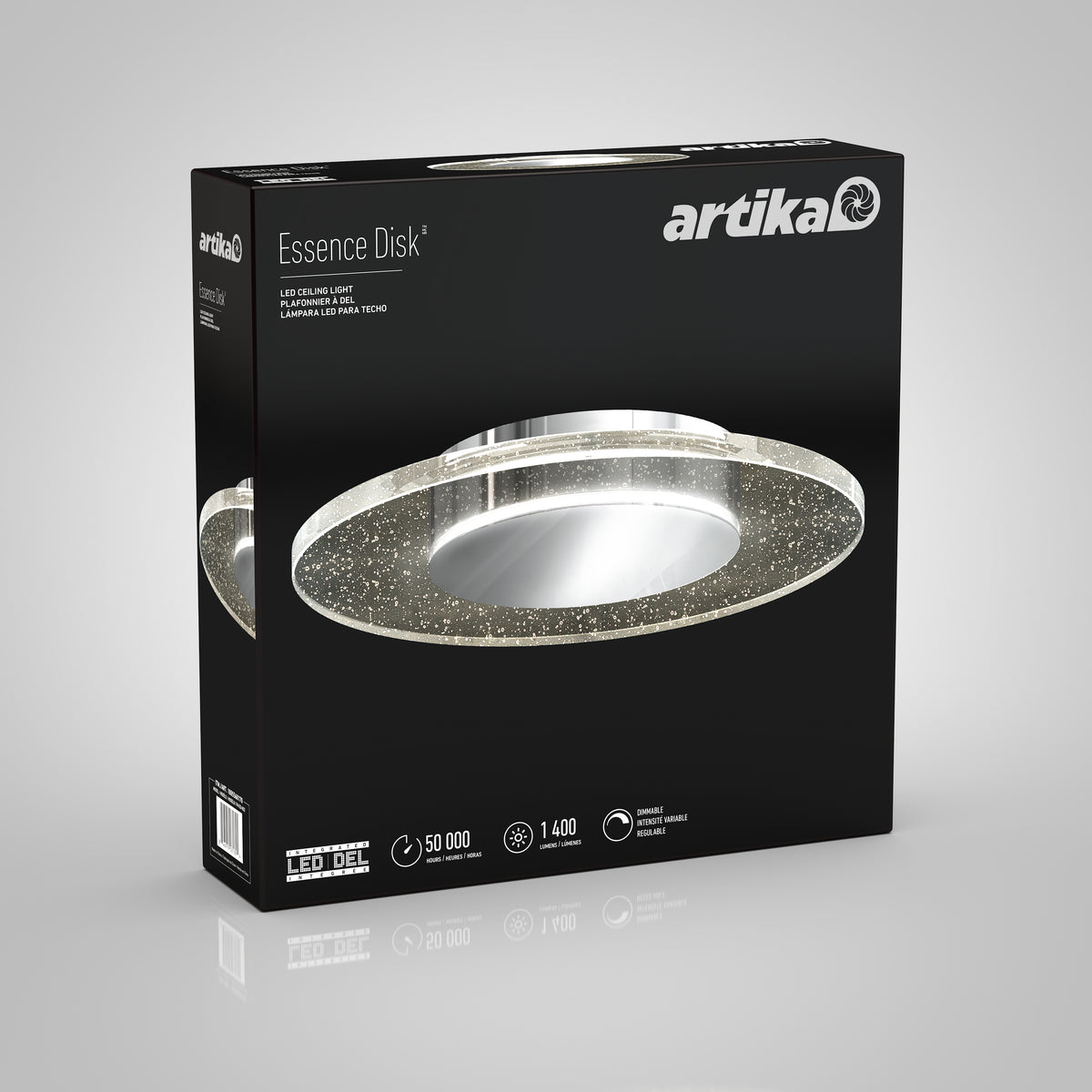 Box of Artika Essence Disk LED flush mount. The packaging displays a circular, modern bubble glass ceiling light with a sparkling rim, technical icons for lifespan, lumens, and LED compatibility set against a black background.