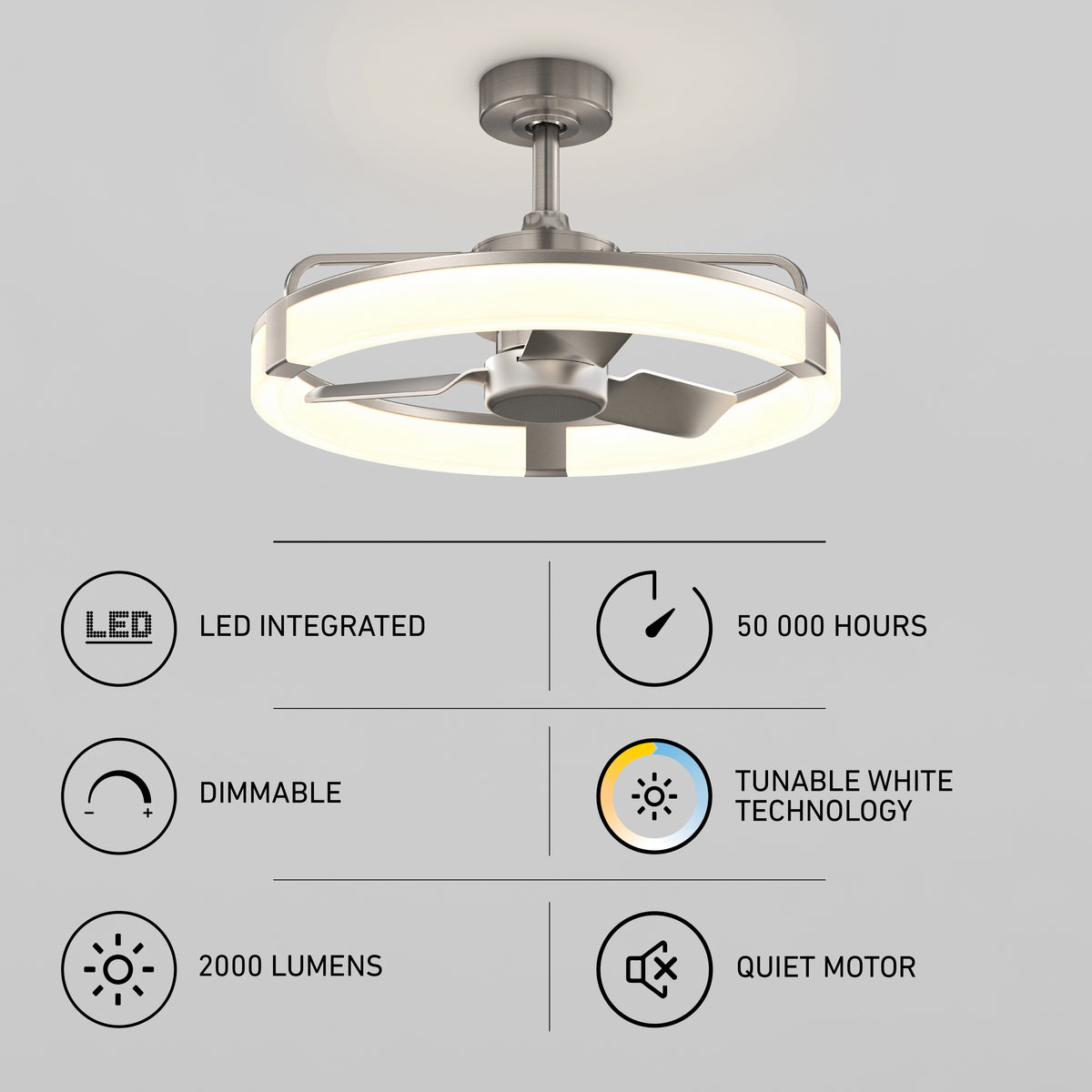 The Artika Sunnyvale 23 in. LED fandelier ceiling fan features tunable white, remote, 2000 lumens, quiet motor, and 50,000-hour lifespan.